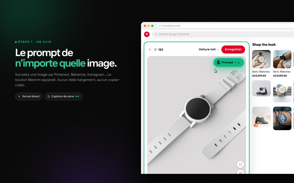 Sur Pinterest, le bouton Prompt de l’extension Beemm apparaît au survol d’une image de montre.