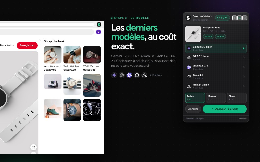 Carte flottante Beemm Vision : choix du modèle de vision et de la précision, coût affiché avant analyse.