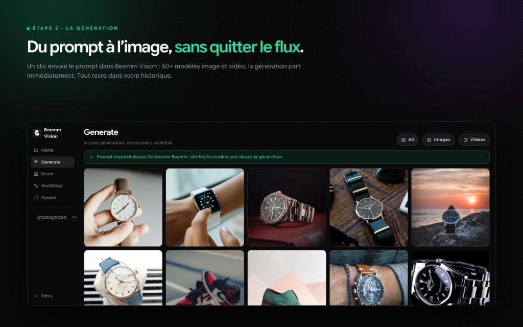 Page Generate de Beemm Vision avec le bandeau Prompt importé depuis l’extension.